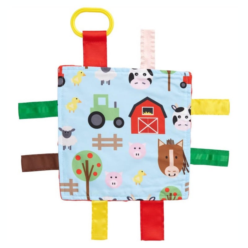 The Learning Lovey Baby Sensory Farm Animal Crinkle Tag Toy for Developing 5 Senses - Learning Shapes and Colors - Tummy Time - Travel Stroller Keepsake with BPA Free Clip for On The Go 8" x 8" - Image 1